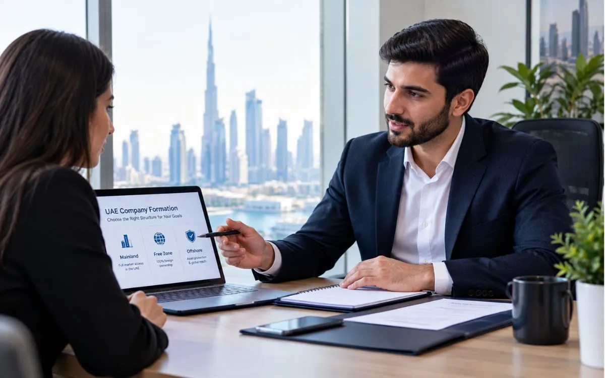 Business setup consultant discussing UAE company formation options with a client